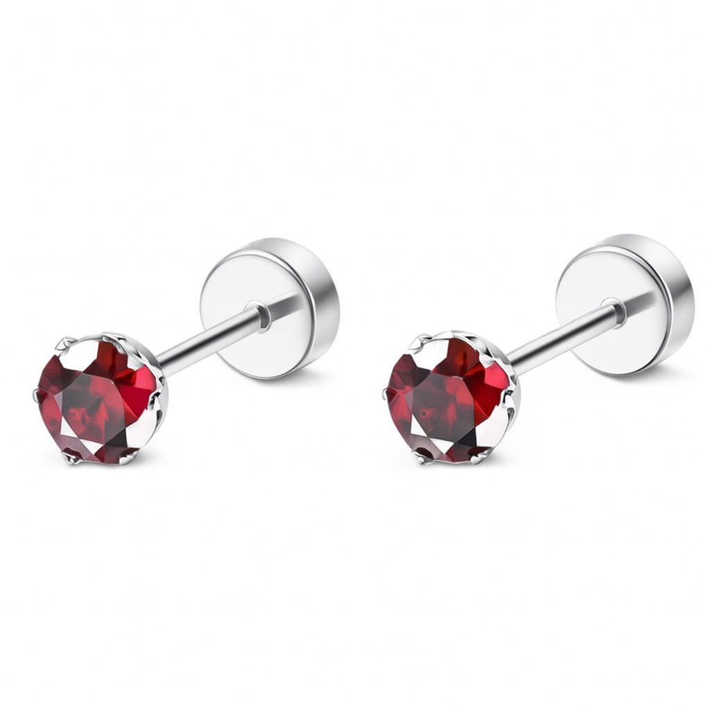 4mm Red Cz Stainless Steel Stud Earrings With Flat Screw-On Backs